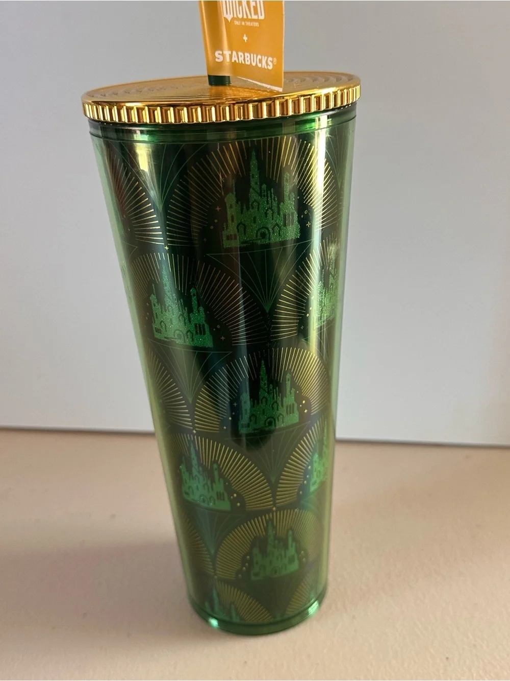 Starbucks Wicked Green and Gold Tall Tumbler with Flag Straw